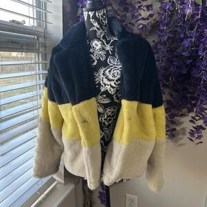 Angel Kiss Faux Fur Coat Jacket Womans L Pink Cream Black Striped Pockets